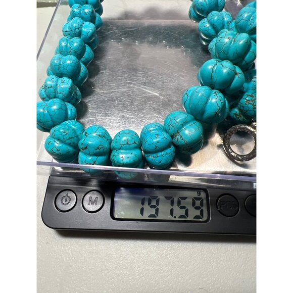 Carved Turquoise Melon Bead Necklace 17.5mm Sterling Silver Toggle Clasp 17" 197 - Picture 10 of 11